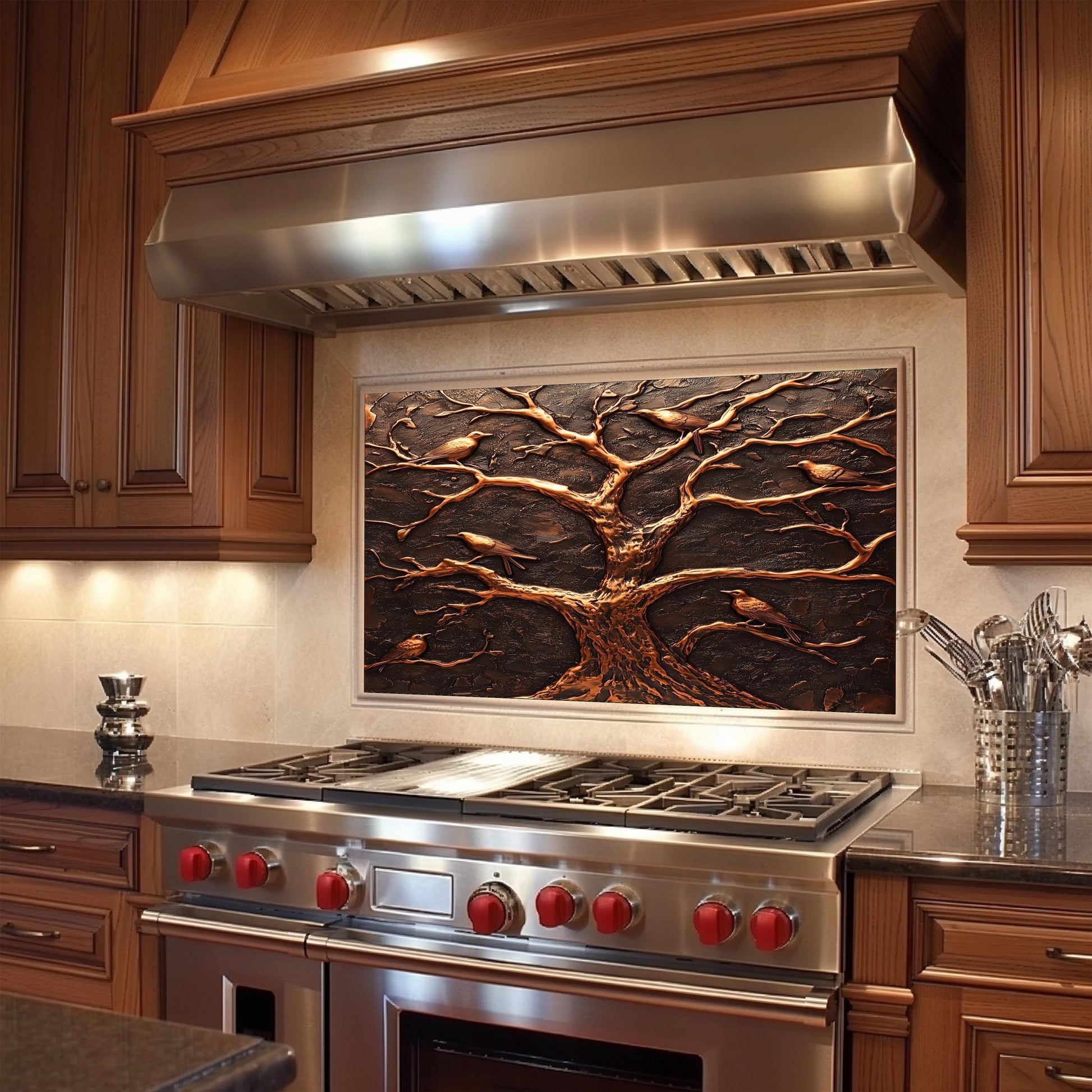 Copper kitchen backsplash, tree and birds design, heat-resistant tempered glass, easy clean kitchen wall protector, rustic kitchen decor, stove protector, nature-inspired kitchen art