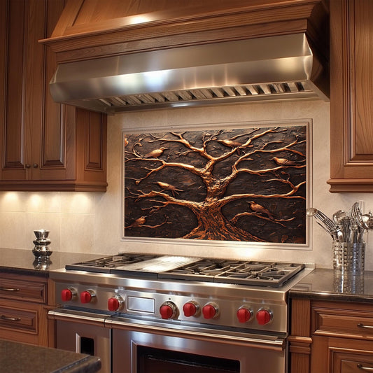 Copper kitchen backsplash, tree and birds design, heat-resistant tempered glass, easy clean kitchen wall protector, rustic kitchen decor, stove protector, nature-inspired kitchen art