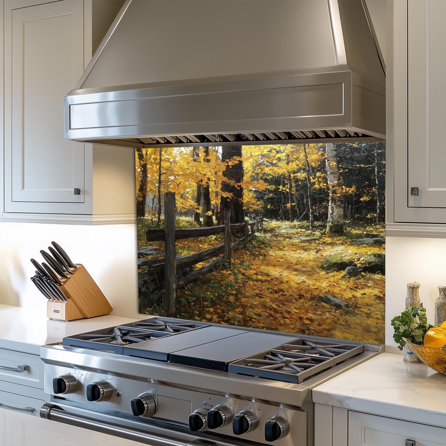 Autumn Forest Path Tempered Glass Kitchen Backsplash - Rustic Fence