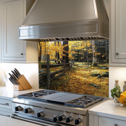 Autumn Forest Path Tempered Glass Kitchen Backsplash - Rustic Fence