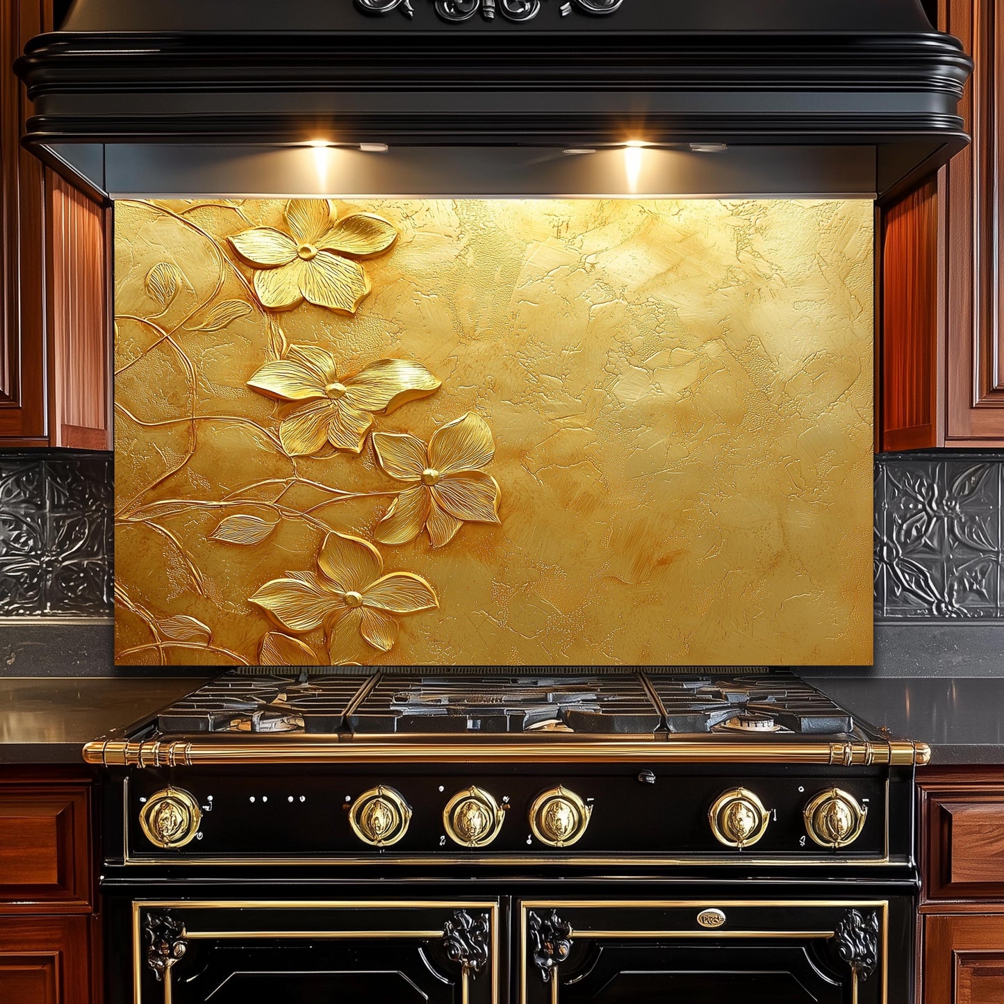 Golden Floral Tempered Glass Backsplash: Rustic Kitchen Decor