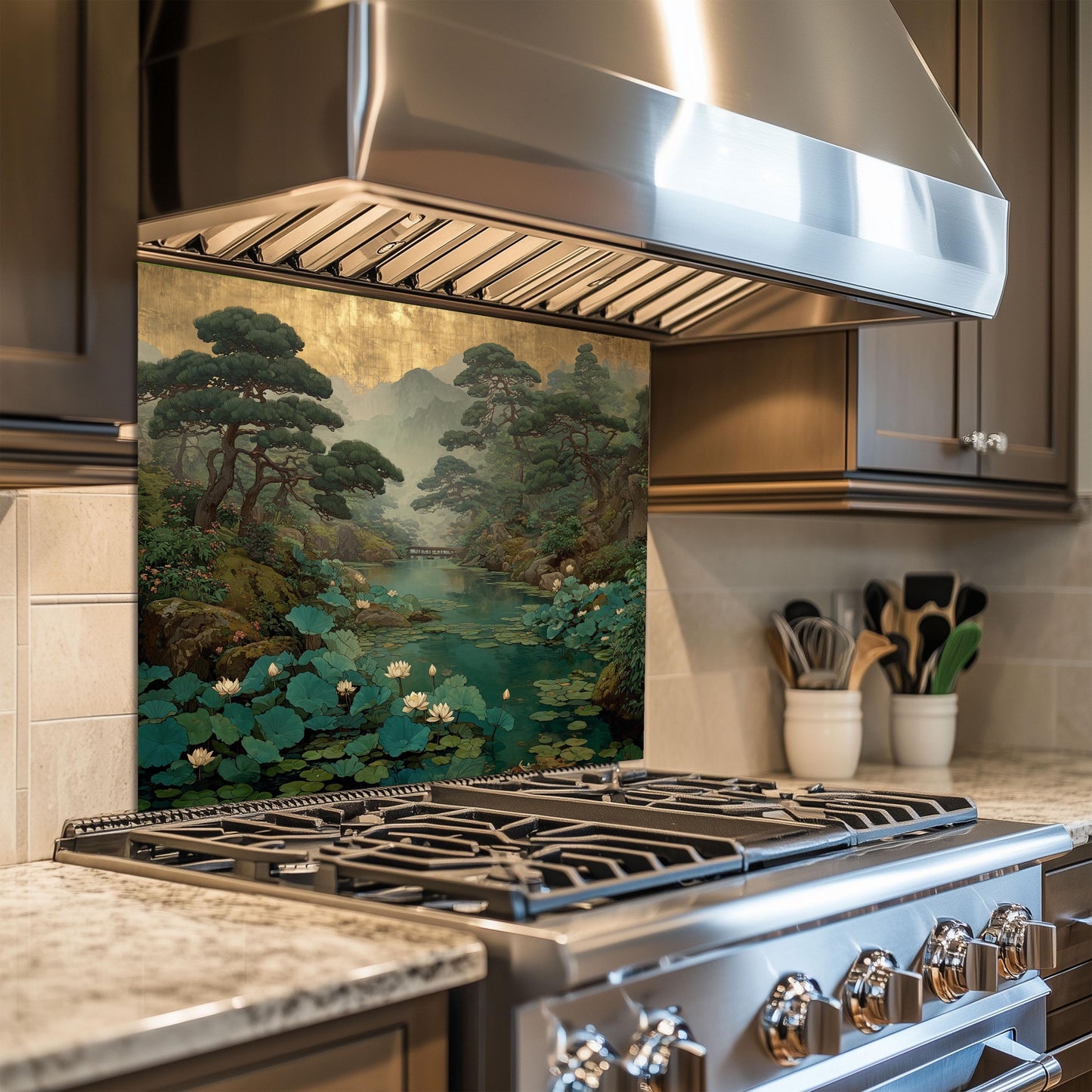 Zen Garden Glass Backsplash, Lotus Pond Kitchen Decor, Japanese Nature Stove Guard, Wall Panel