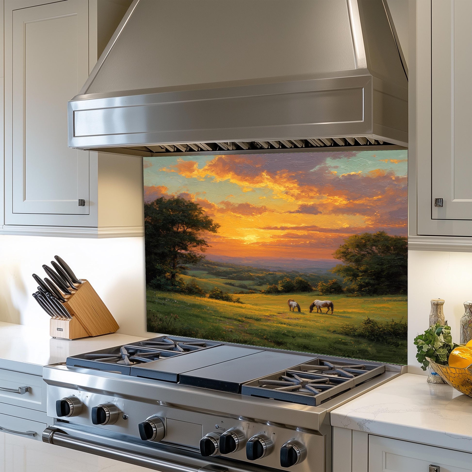 Sunset Pasture Kitchen Backsplash, Horse Landscape Tempered Glass Art, Custom Size Design