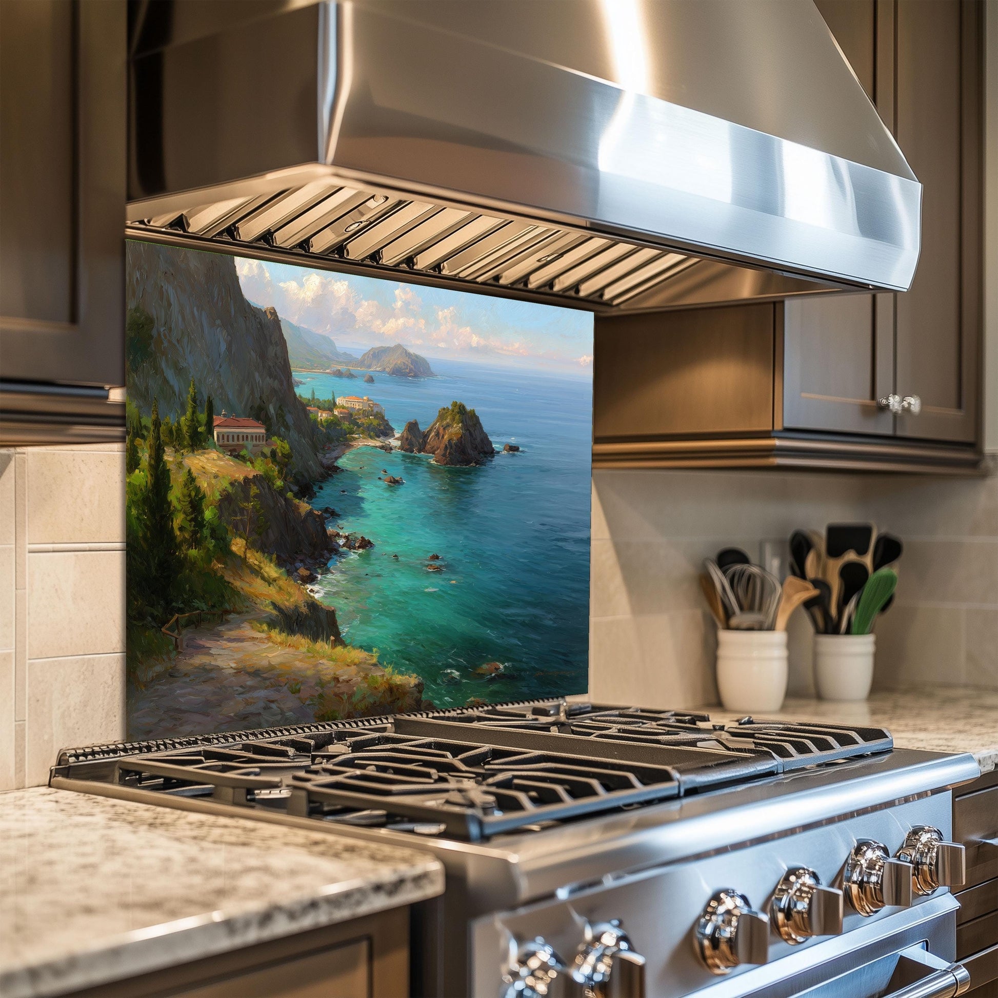 Tempered Glass Coastal Backsplash: Mountain Sunrise Kitchen Wall Art