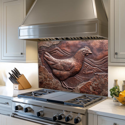 Copper Chicken Backsplash: Rustic Farmhouse Tempered Glass Stove Panel
