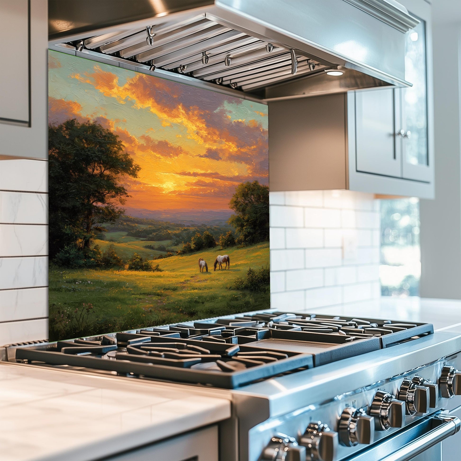 Sunset Pasture Kitchen Backsplash, Horse Landscape Tempered Glass Art, Custom Size Design