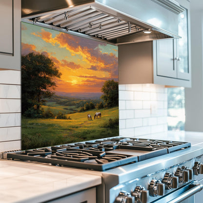 Sunset Pasture Kitchen Backsplash, Horse Landscape Tempered Glass Art, Custom Size Design
