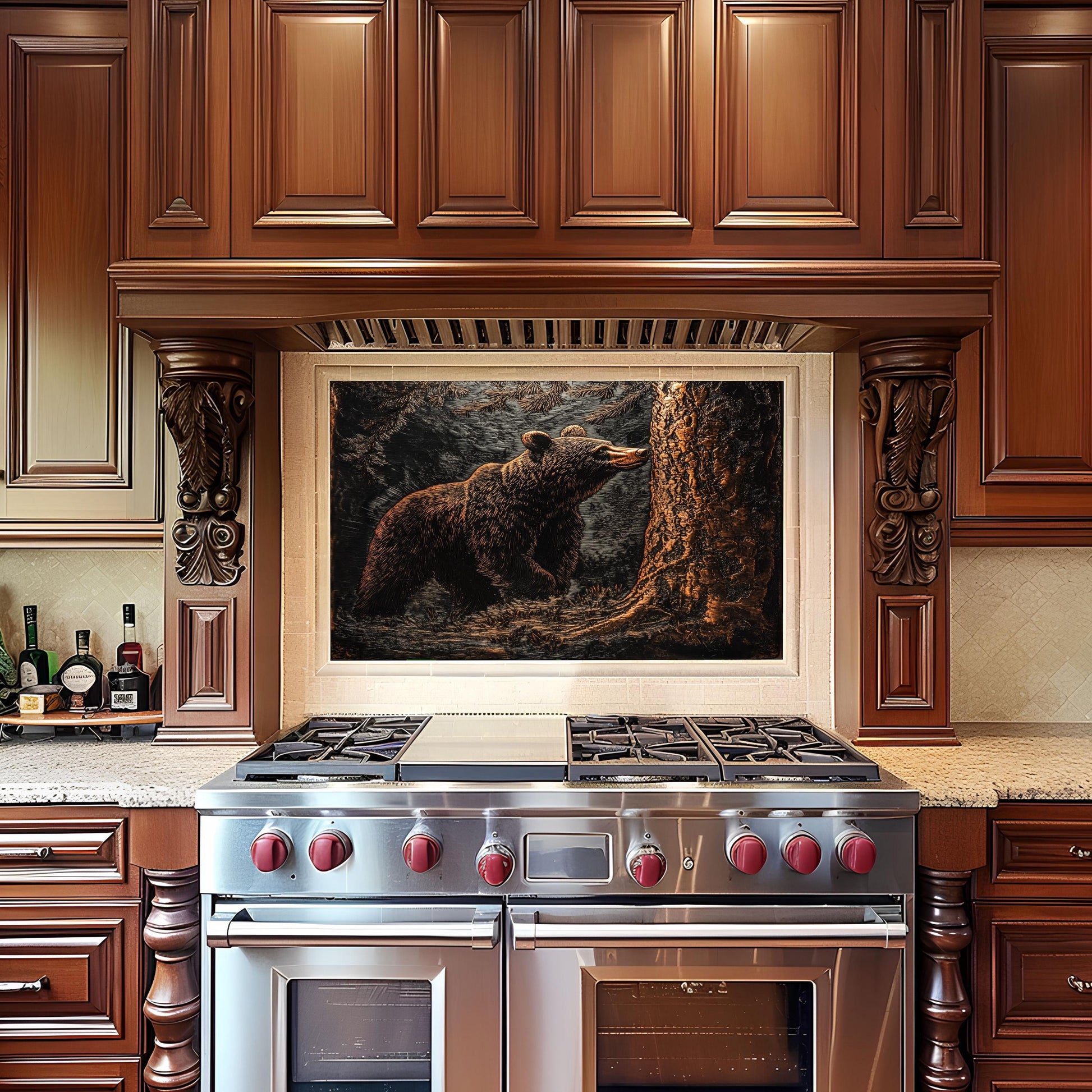 Copper bear forest scene glass backsplash, rustic design, heat-resistant tempered glass, kitchen wall protector, artistic backsplash, easy to clean, modern kitchen decor, stove splashback, unique wildlife art