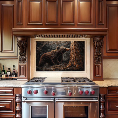 Copper bear forest scene glass backsplash, rustic design, heat-resistant tempered glass, kitchen wall protector, artistic backsplash, easy to clean, modern kitchen decor, stove splashback, unique wildlife art