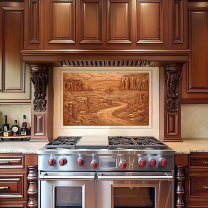 Tempered glass kitchen backsplash, copper effect canyon landscape, heat-resistant wall protector, rustic desert art, easy clean stove backsplash, kitchen wall protector, Southwestern kitchen decor