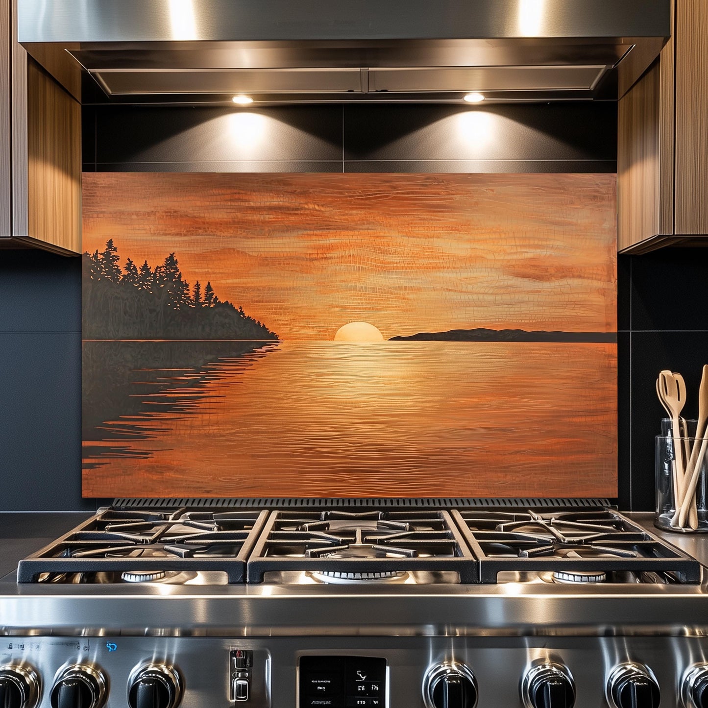 Sunset Ocean Glass Backsplash, Golden Sea Landscape Stove Guard, Heat Resistant Easy Clean Art
