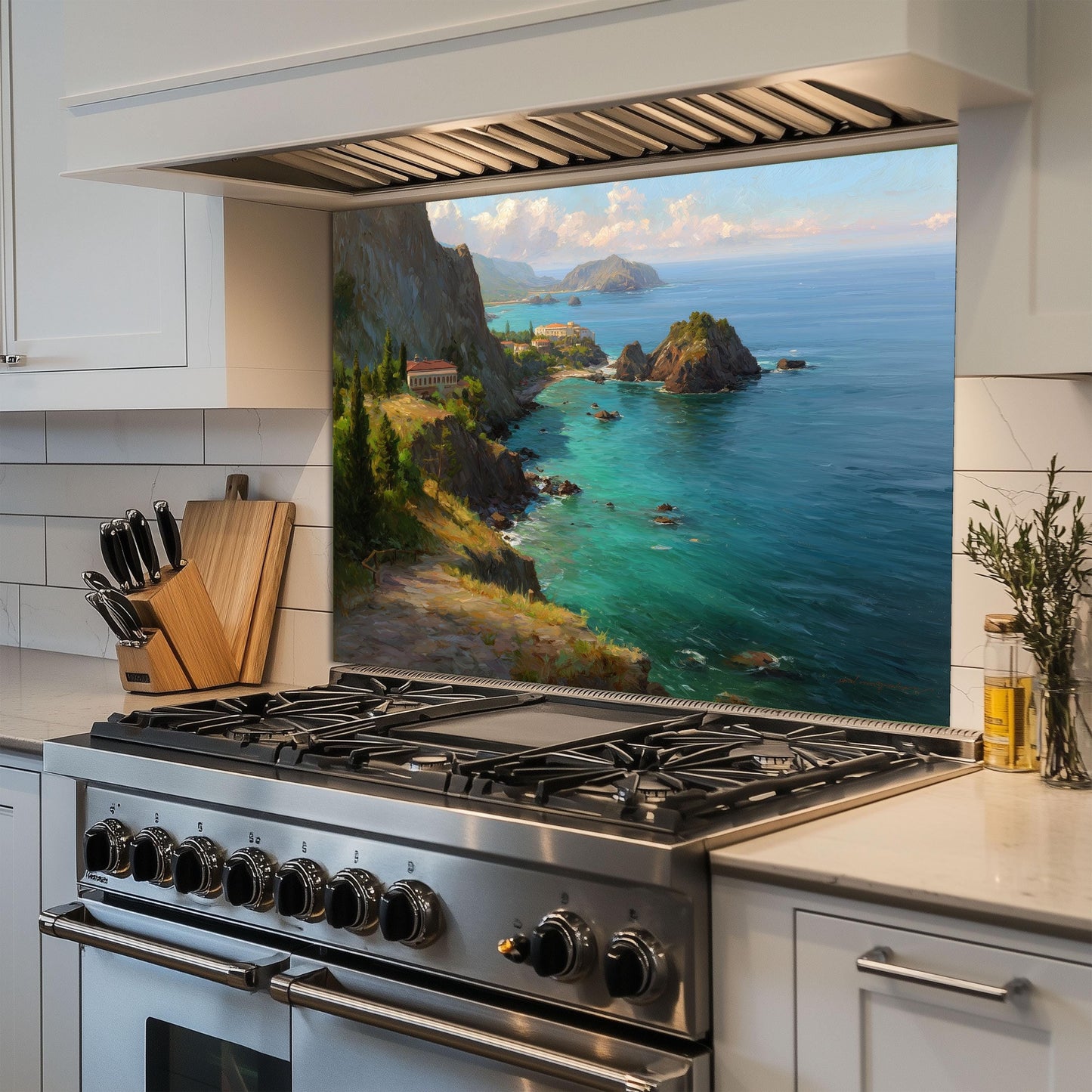 Tempered Glass Coastal Backsplash: Mountain Sunrise Kitchen Wall Art