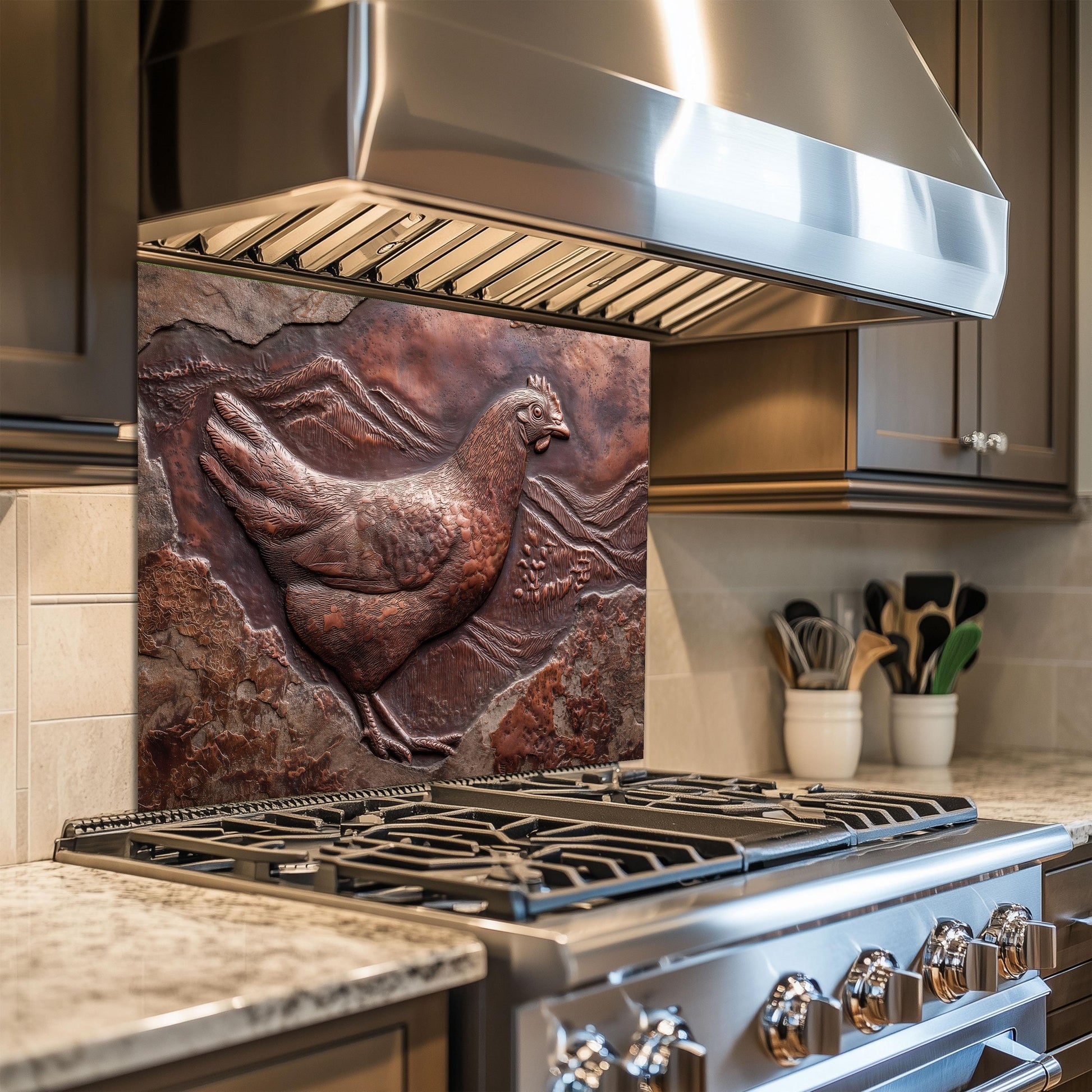 Copper Chicken Backsplash: Rustic Farmhouse Tempered Glass Stove Panel
