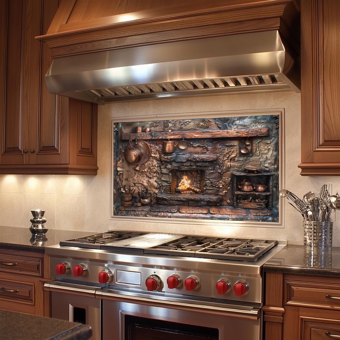 Fireplace-themed backsplash, tempered glass, rustic copper cookware design, heat-resistant splashback, easy clean kitchen wall protector, farmhouse decor, vintage backsplash, stove protector, artistic wall art