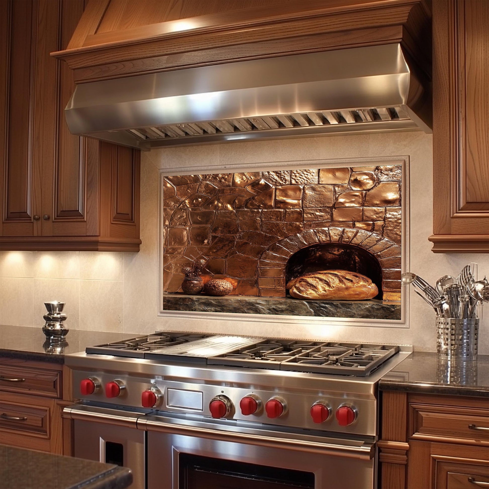 Embossed Copper Glass Backsplash, Rustic Oven Scene Stove Guard, Heat Resistant Farmhouse Wall Art
