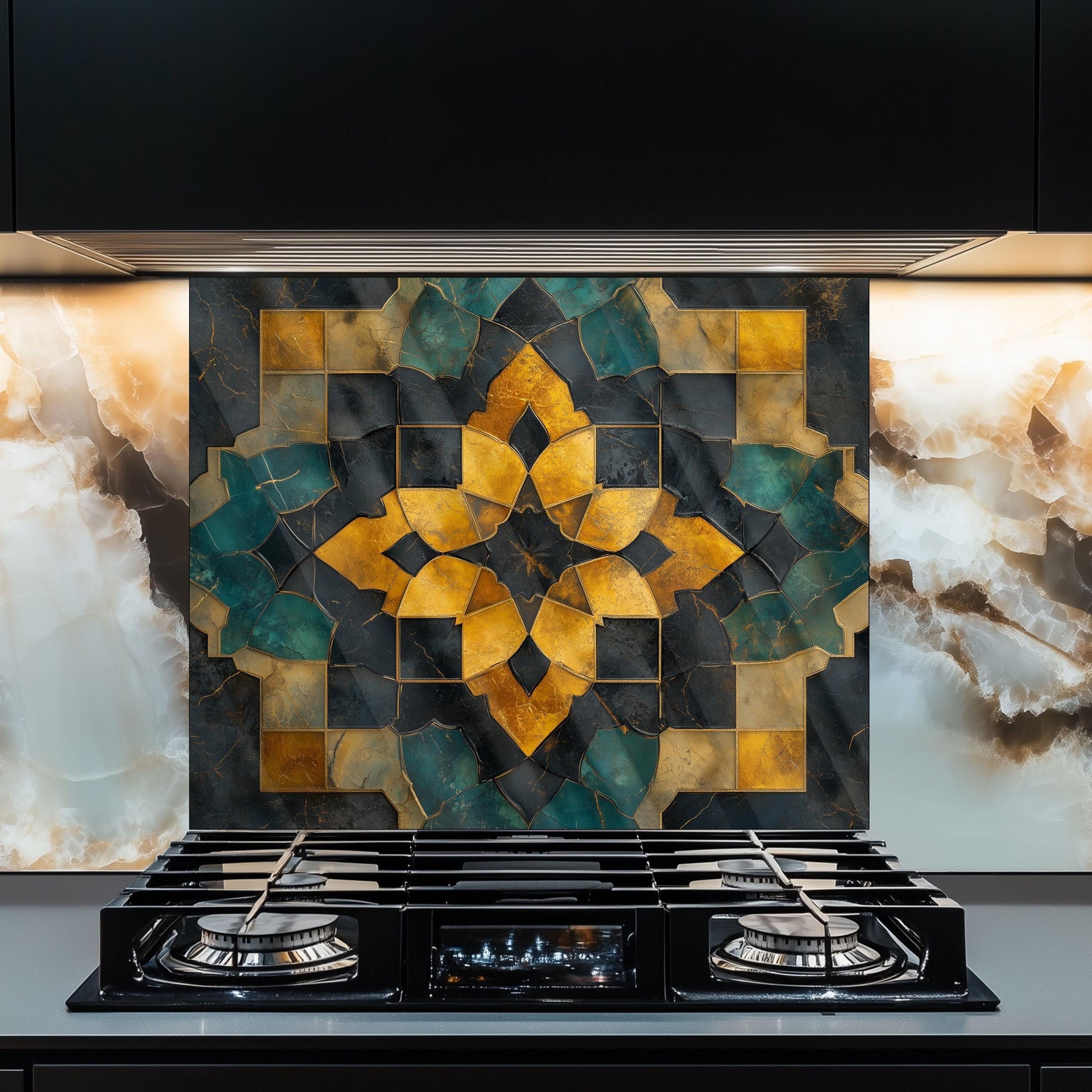 Moroccan Style Glass Backsplash, Floral Medallion Stove Guard, Heat Resistant Easy Clean Kitchen Art
