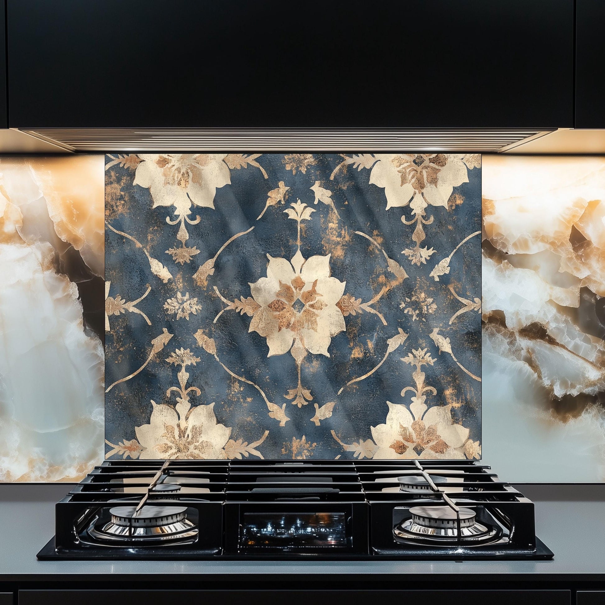 Moroccan Style Glass Backsplash, Blue Geometric Stove Guard, Heat Resistant Easy Clean Kitchen Art