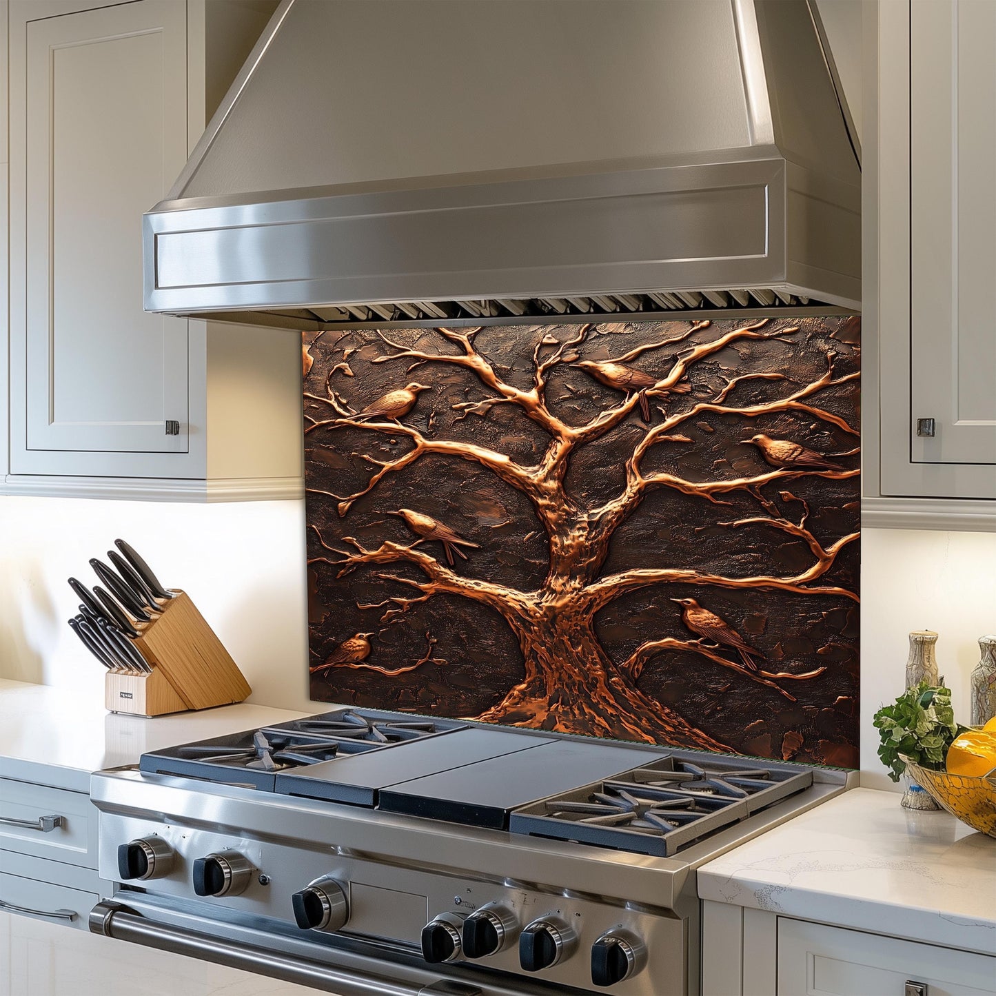 Tempered glass kitchen backsplash, copper tree design, heat-resistant wall protector, rustic kitchen wall art, easy clean kitchen backsplash, nature-inspired wall protector, stove backsplash protector