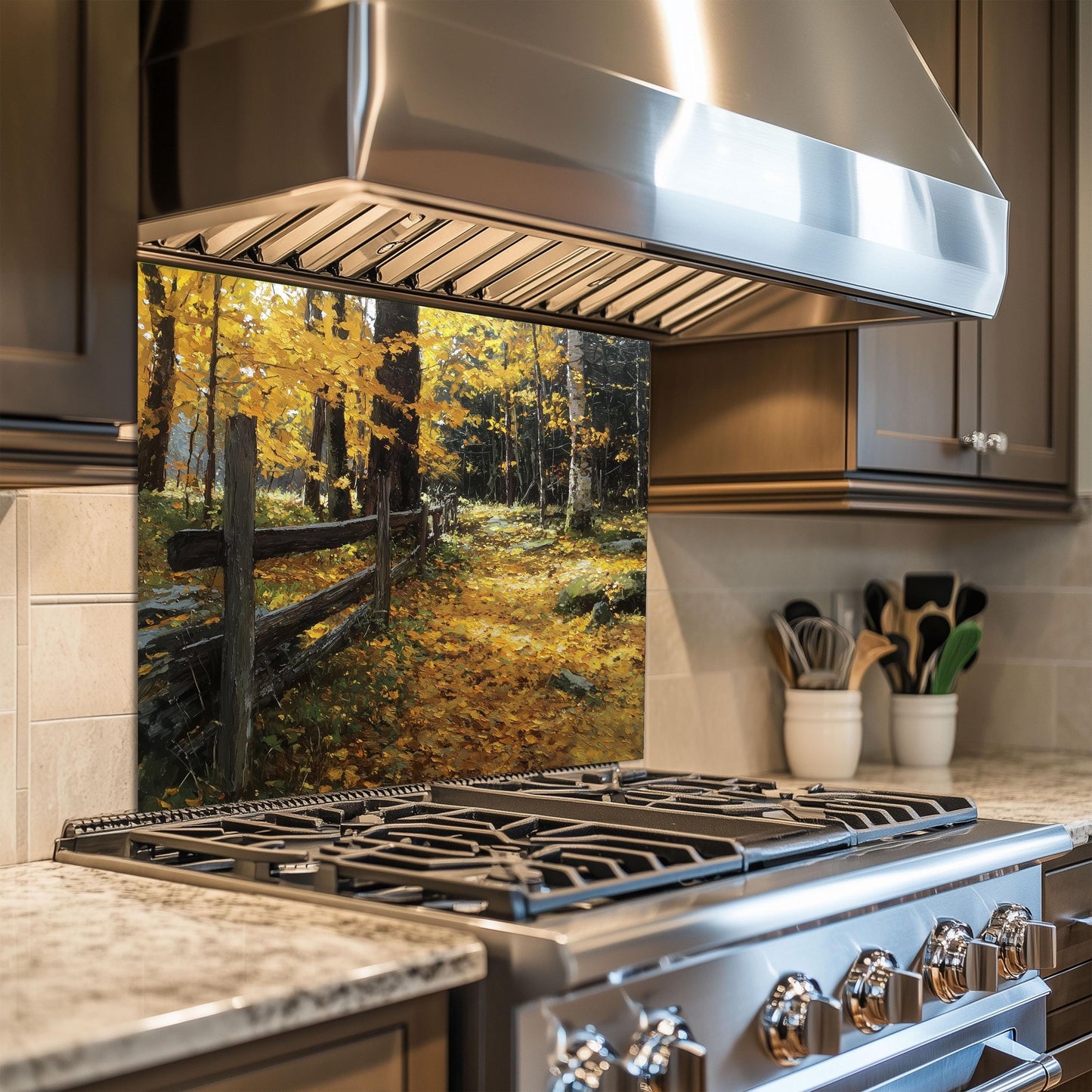 Autumn Forest Path Tempered Glass Kitchen Backsplash - Rustic Fence