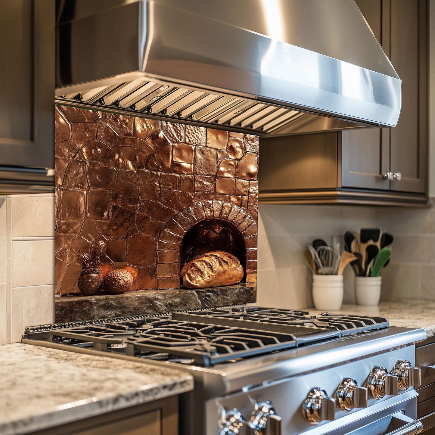 Embossed Copper Glass Backsplash, Rustic Oven Scene Stove Guard, Heat Resistant Farmhouse Wall Art