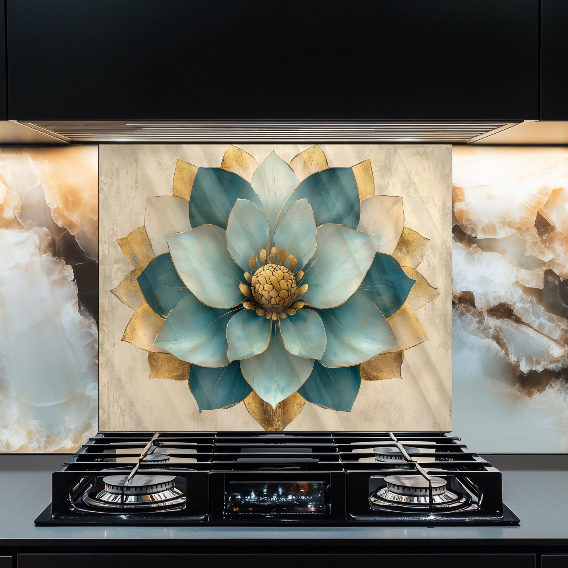 Moroccan Floral Glass Backsplash, Blue Geometric Stove Guard, Heat Resistant Easy Clean Kitchen Art