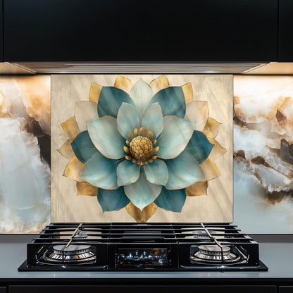 Moroccan Floral Glass Backsplash, Blue Geometric Stove Guard, Heat Resistant Easy Clean Kitchen Art