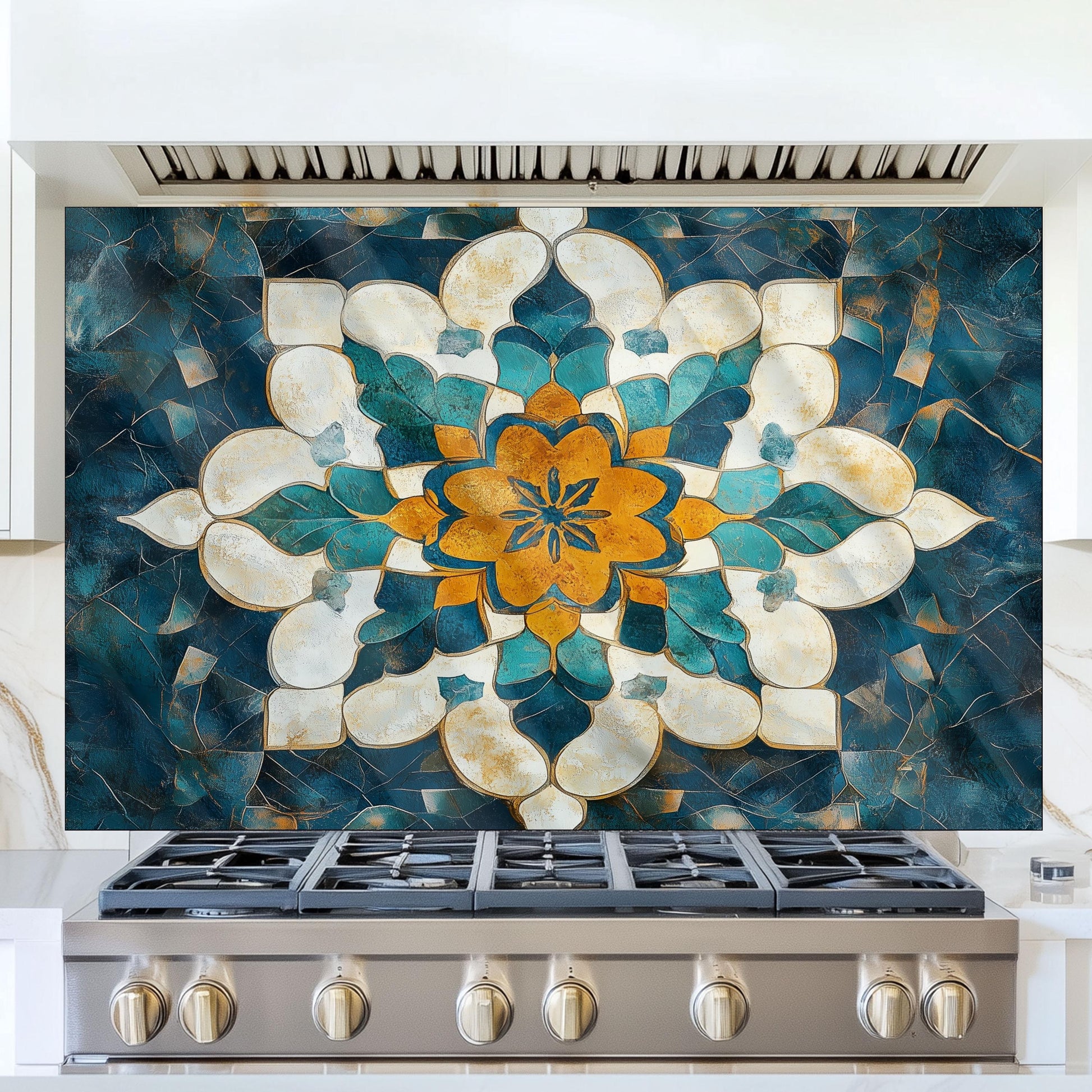 Moroccan Style Glass Backsplash, Blue Geometric Stove Guard, Heat Resistant Easy Clean Kitchen Art