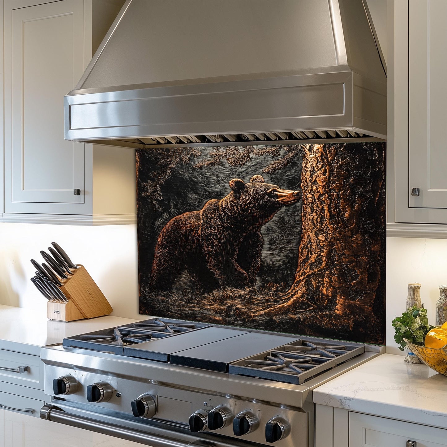 Tempered glass stove backsplash, copper bear design, heat-resistant kitchen wall panel, easy clean backsplash, stylish kitchen decor, stove protector, farmhouse kitchen wall art, artistic forest scene