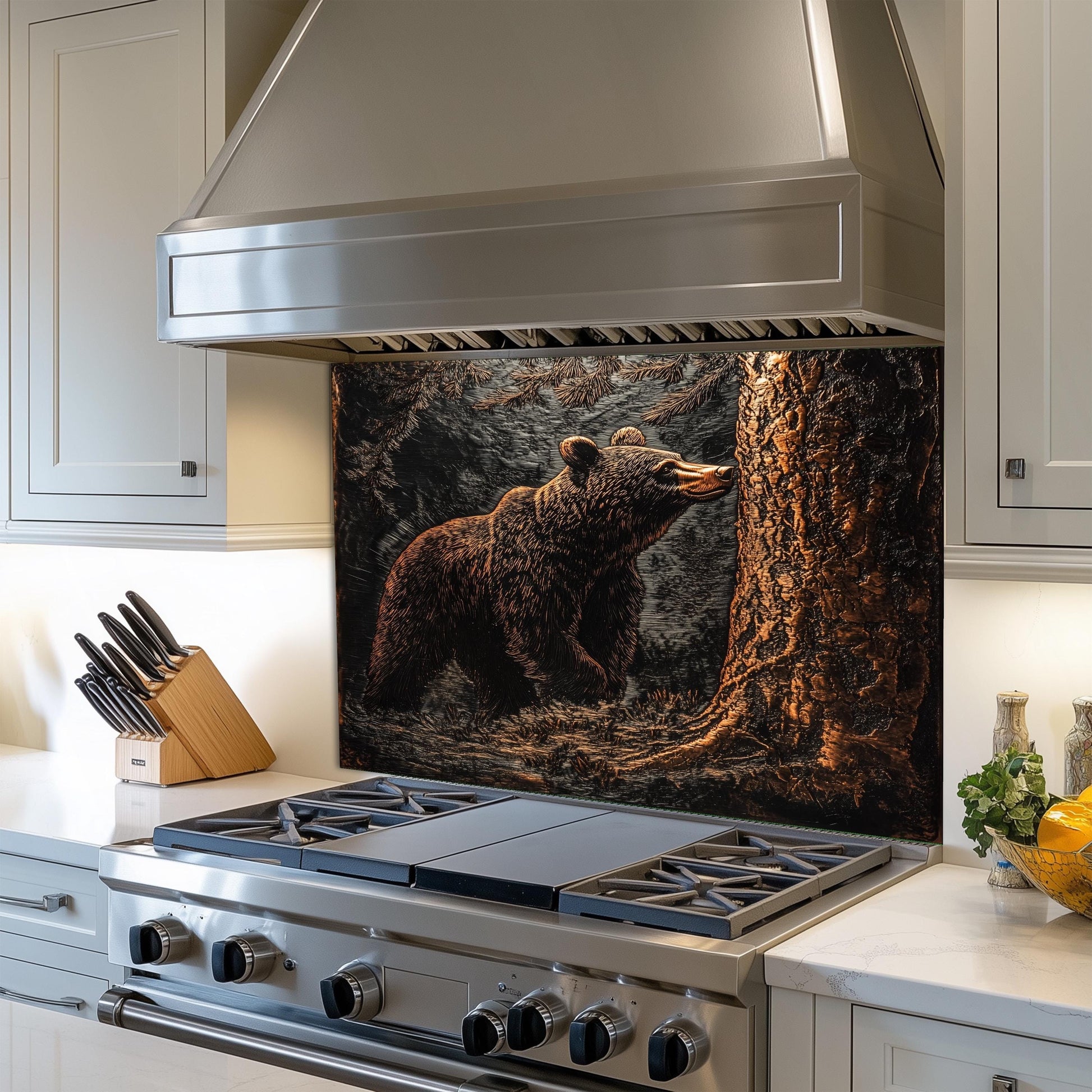 Tempered glass stove backsplash, copper bear design, heat-resistant kitchen wall panel, easy clean backsplash, stylish kitchen decor, stove protector, farmhouse kitchen wall art, artistic forest scene