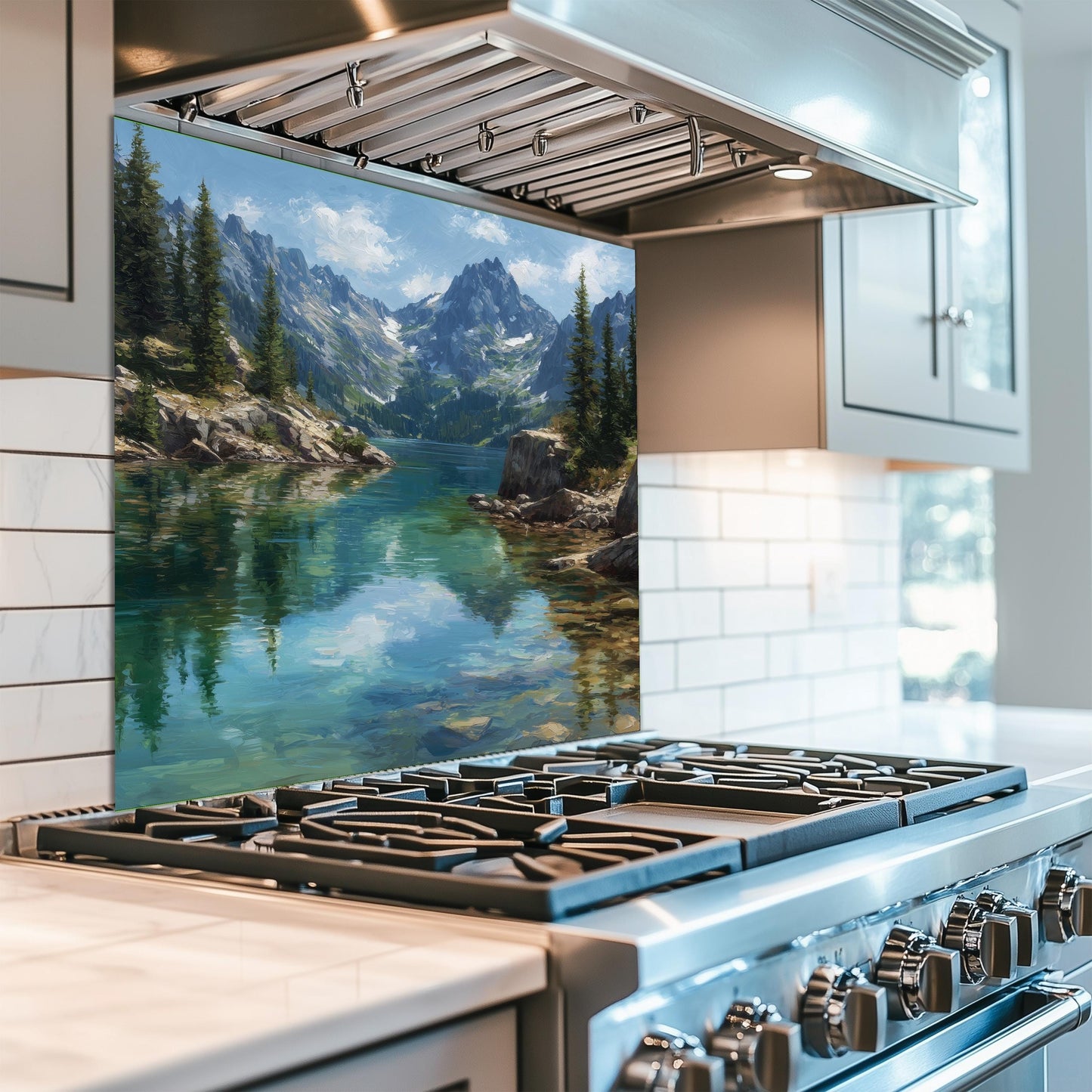 Mountain Lake Reflection Kitchen Backsplash, UV Printed Tempered Glass, Custom Size Design