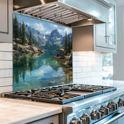 Mountain Lake Reflection Kitchen Backsplash, UV Printed Tempered Glass, Custom Size Design