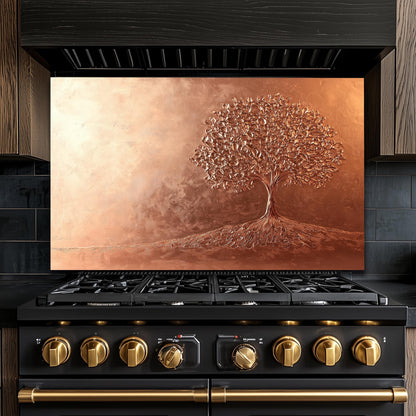 Tree of Life Tempered Glass Backsplash: Rustic Copper Kitchen Panel