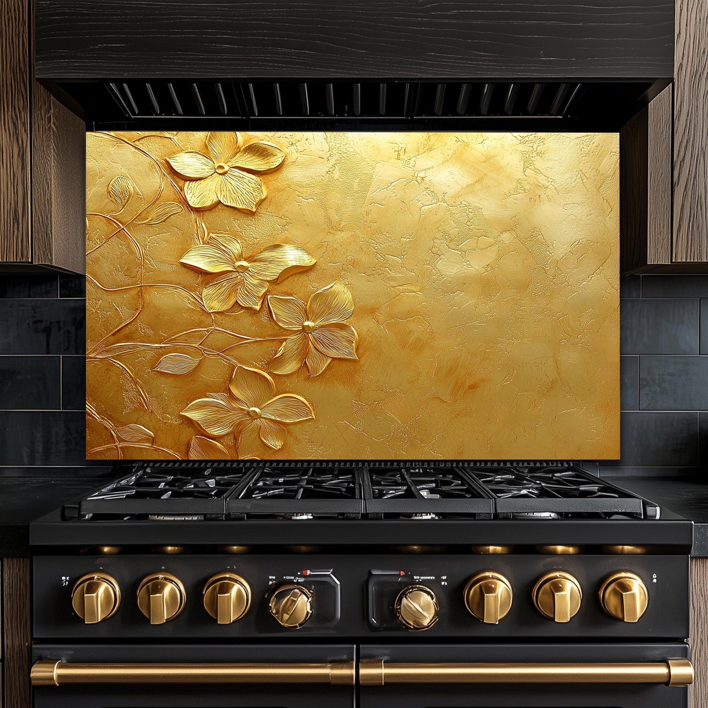 Golden Floral Tempered Glass Backsplash: Rustic Kitchen Decor