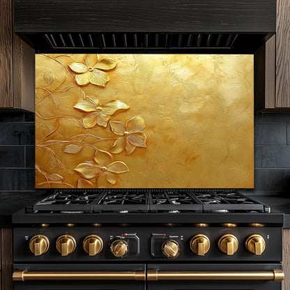Golden Floral Tempered Glass Backsplash: Rustic Kitchen Decor