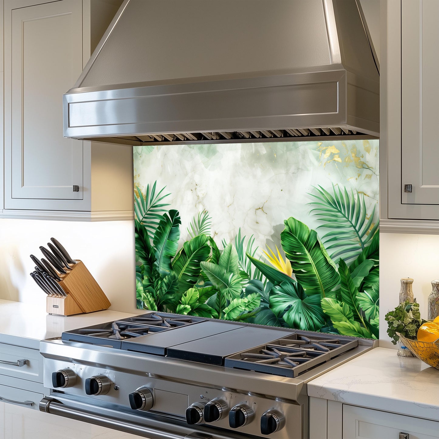 Tropical Banana Leaf Tempered Glass Backsplash: Marble & Gold Kitchen Wall Art