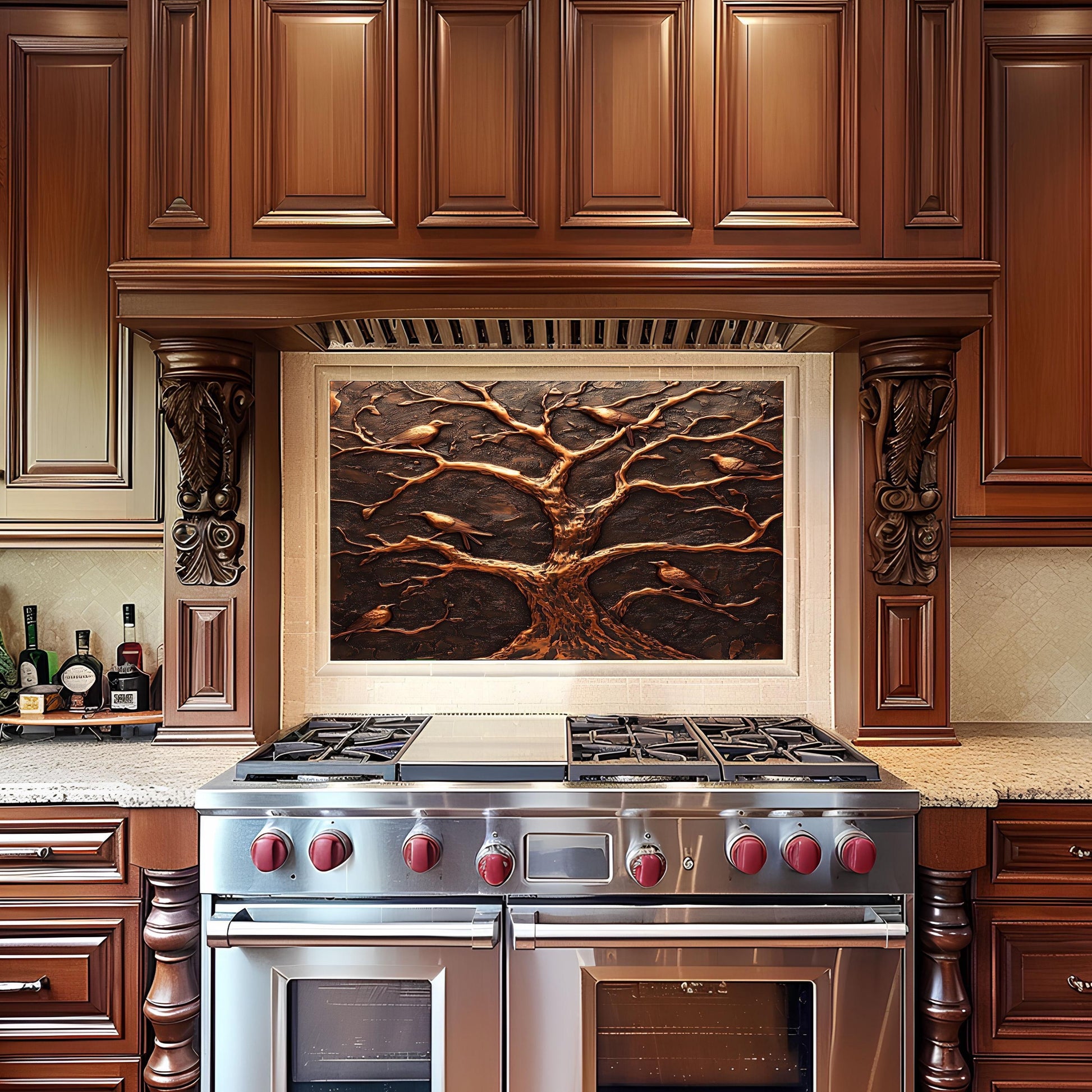 Tree and birds kitchen backsplash, rustic copper effect, heat-resistant tempered glass, easy clean kitchen wall protector, stove wall protector, nature-themed kitchen decor, rustic kitchen art