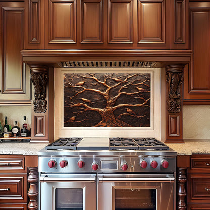 Tree and birds kitchen backsplash, rustic copper effect, heat-resistant tempered glass, easy clean kitchen wall protector, stove wall protector, nature-themed kitchen decor, rustic kitchen art