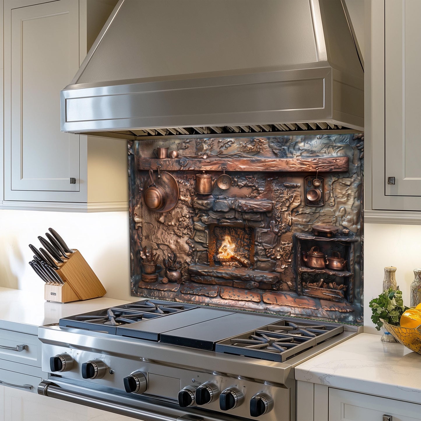 Tempered glass backsplash, copper fireplace and cookware, heat-resistant kitchen panel, easy to clean stove protector, rustic farmhouse wall art, vintage kitchen decor, unique backsplash, stove splashback