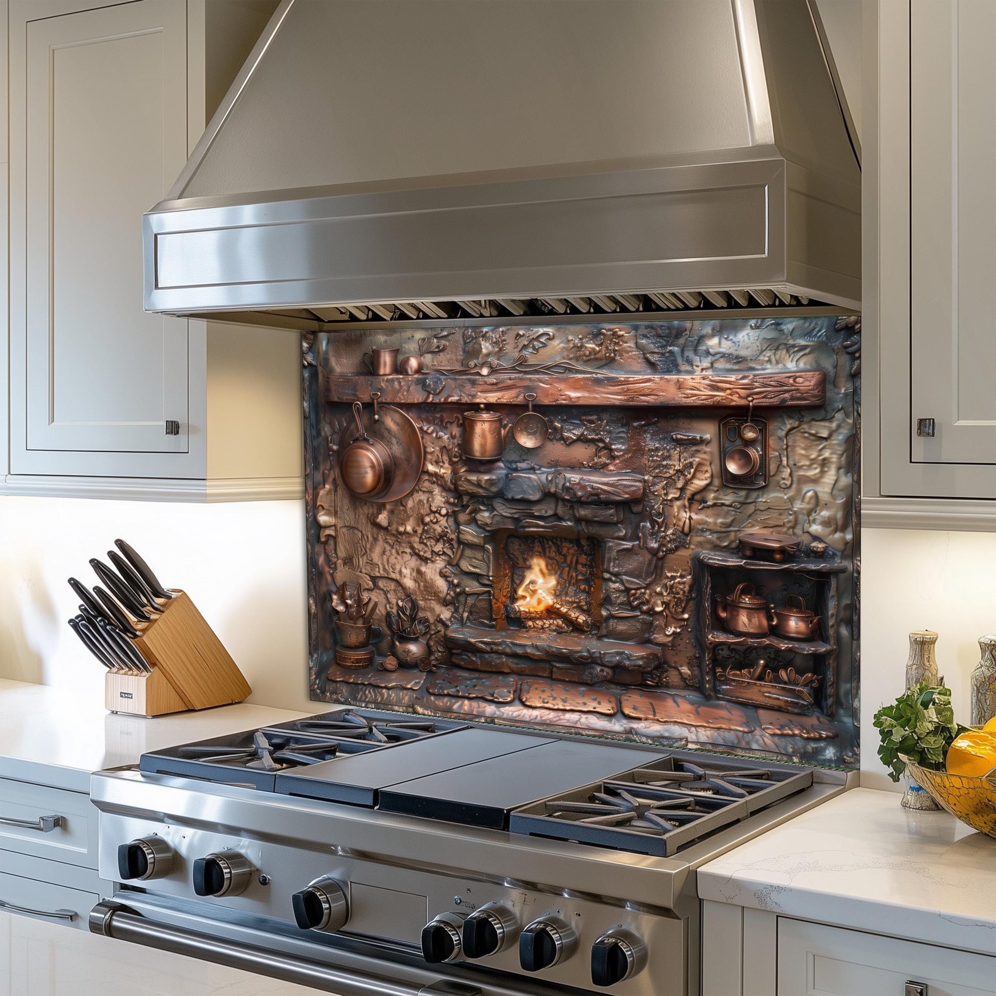 Tempered glass backsplash, copper fireplace and cookware, heat-resistant kitchen panel, easy to clean stove protector, rustic farmhouse wall art, vintage kitchen decor, unique backsplash, stove splashback