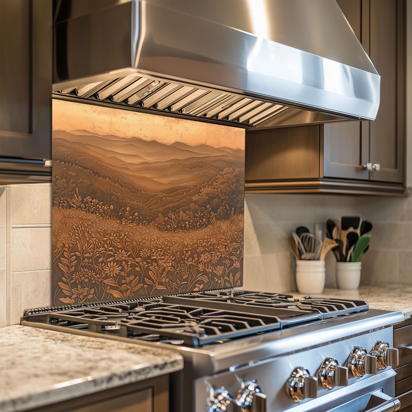 Rustic mountain backsplash, copper effect tempered glass, heat-resistant wall protector, easy clean kitchen panel, stove wall protector, wildflower kitchen design, nature-inspired decor