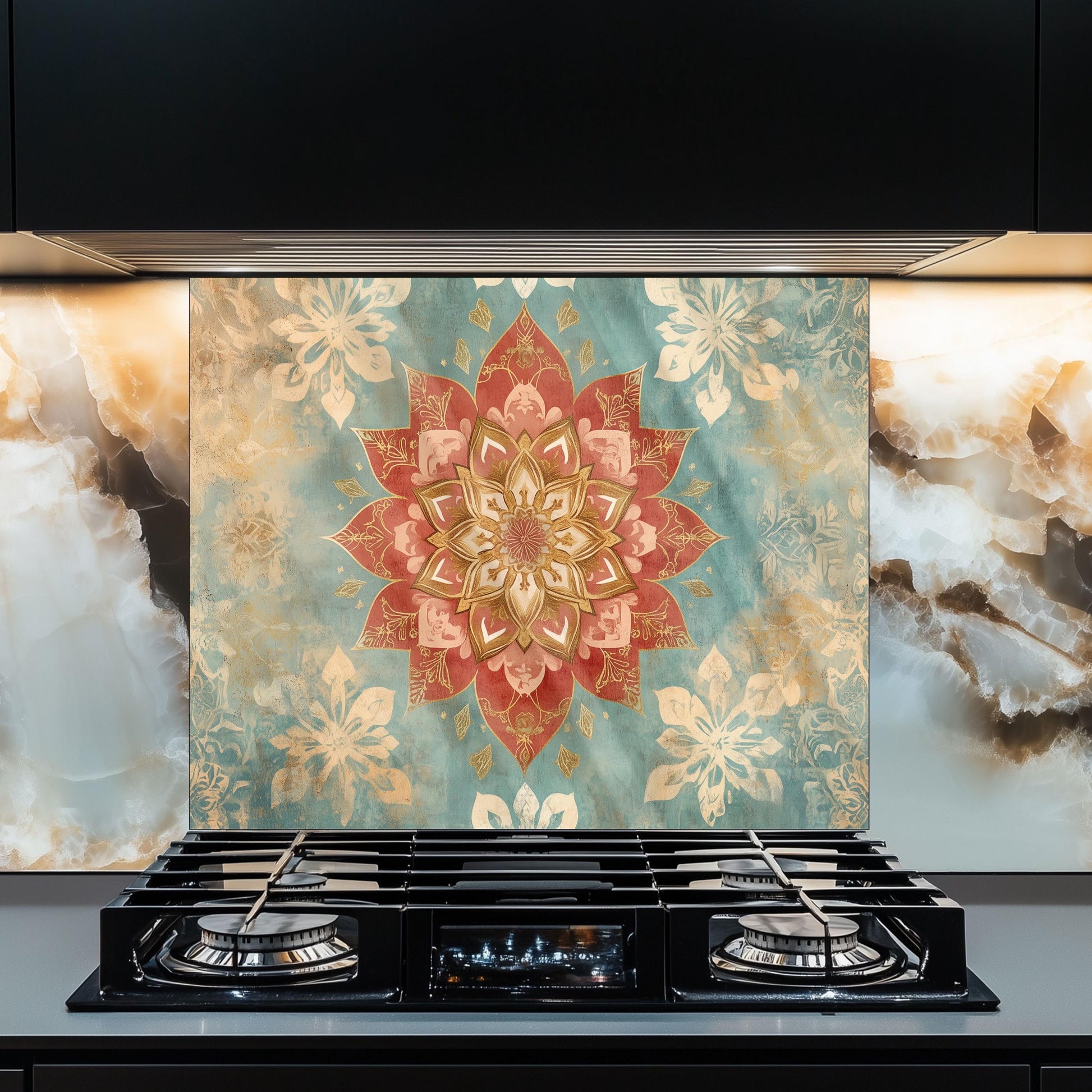 Moroccan Style Glass Backsplash, Blue Floral Stove Guard, Heat Resistant Easy Clean Kitchen Art