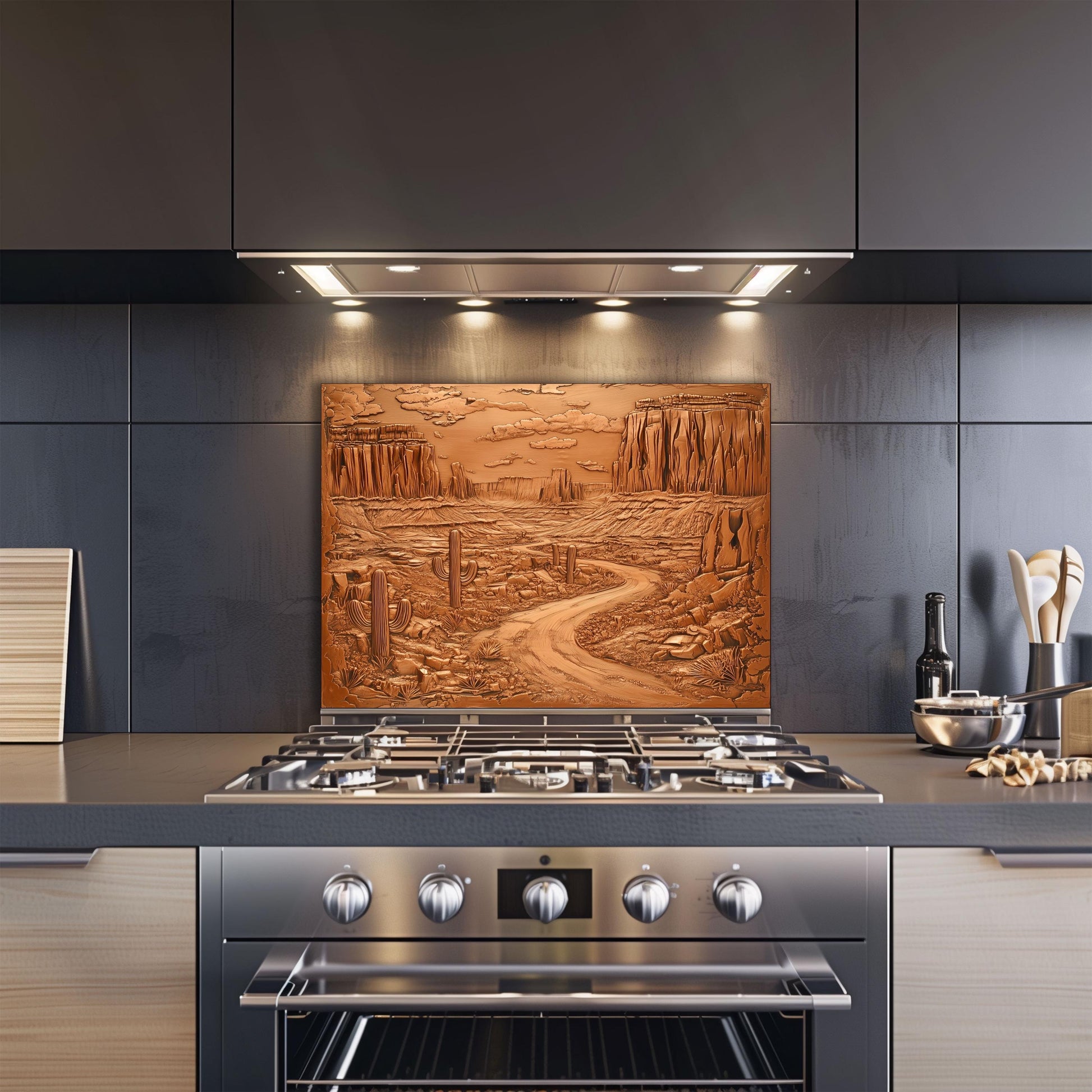 Heat-resistant copper effect kitchen backsplash, canyon landscape design, tempered glass wall protector, rustic kitchen art, easy clean stove protector, desert decor, Southwestern kitchen decor