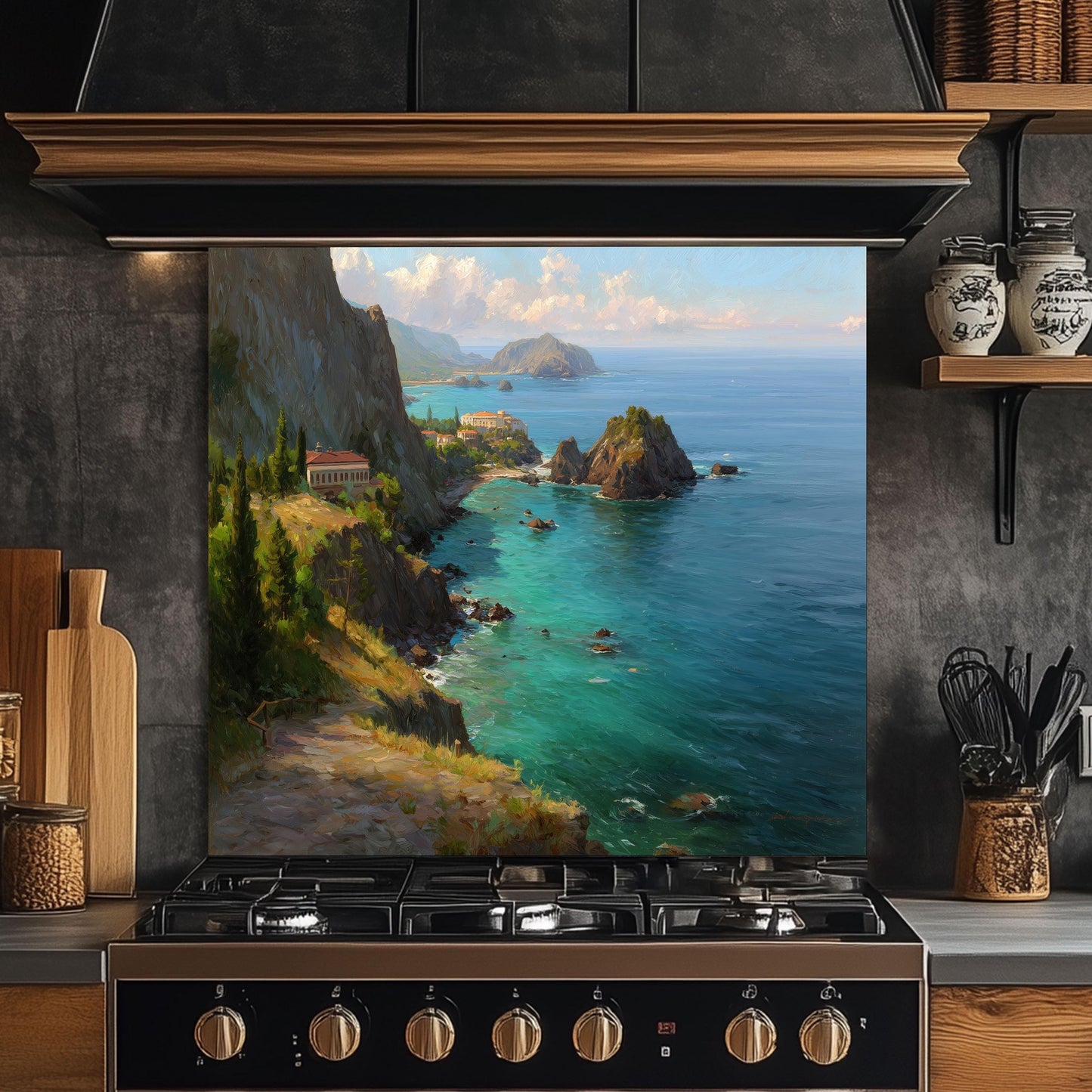 Tempered Glass Coastal Backsplash: Mountain Sunrise Kitchen Wall Art