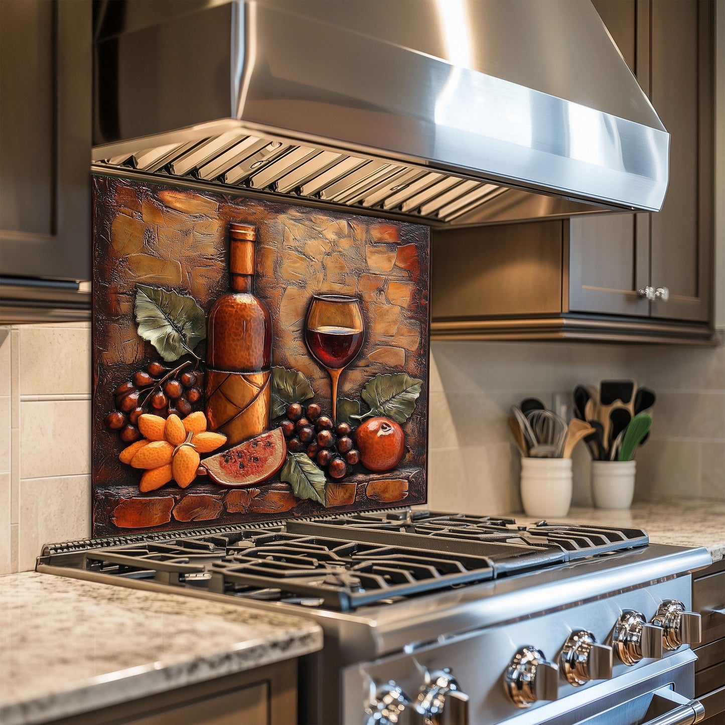 Wine-Themed Tempered Glass Kitchen Backsplash: Stove Area Art