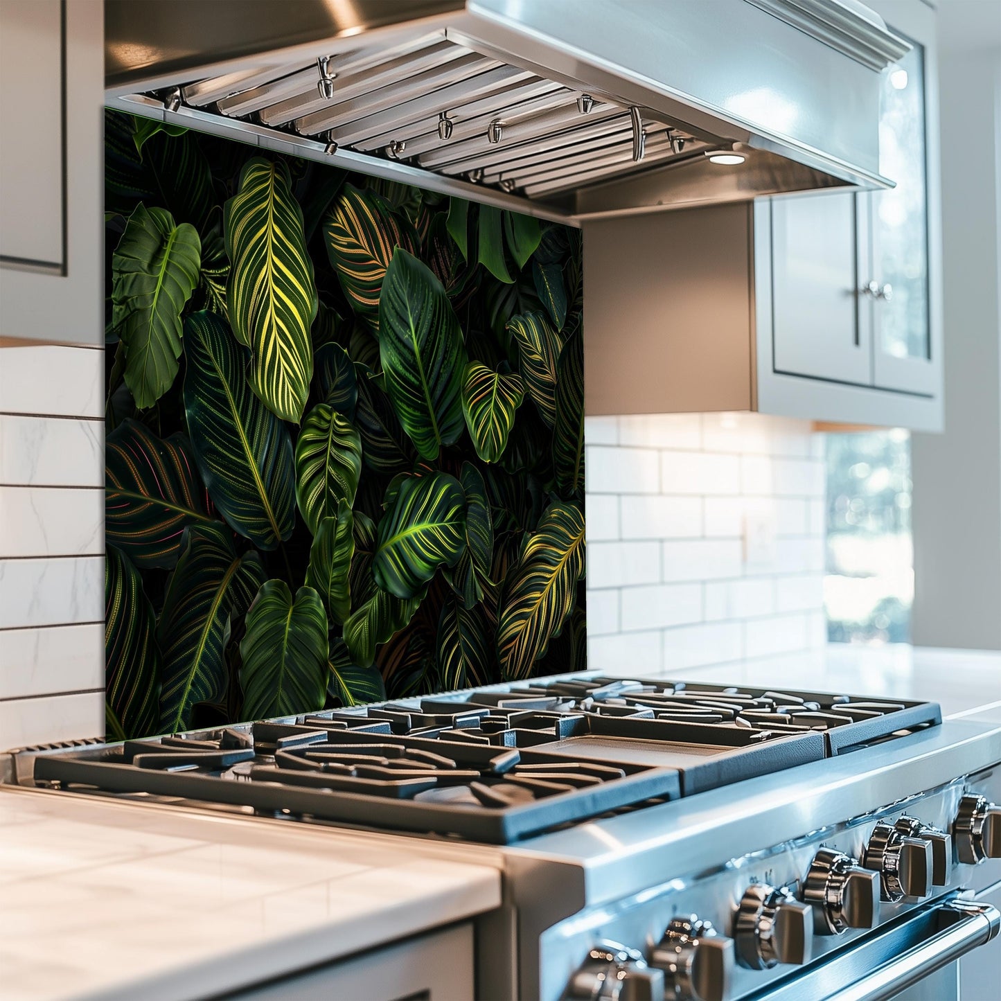Tropical Jungle Leaf Tempered Glass Backsplash: Botanical Kitchen Wall Panel