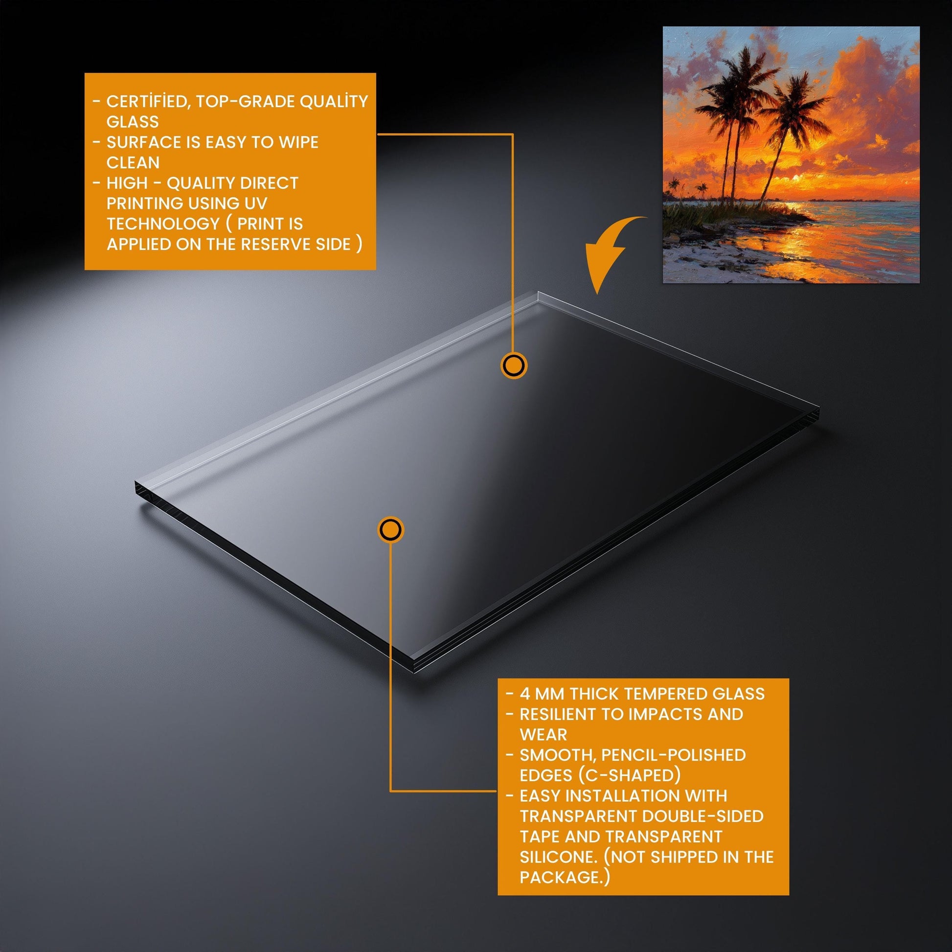 Tropical Palm Sunset Glass Backsplash – Coastal Kitchen Wall Art