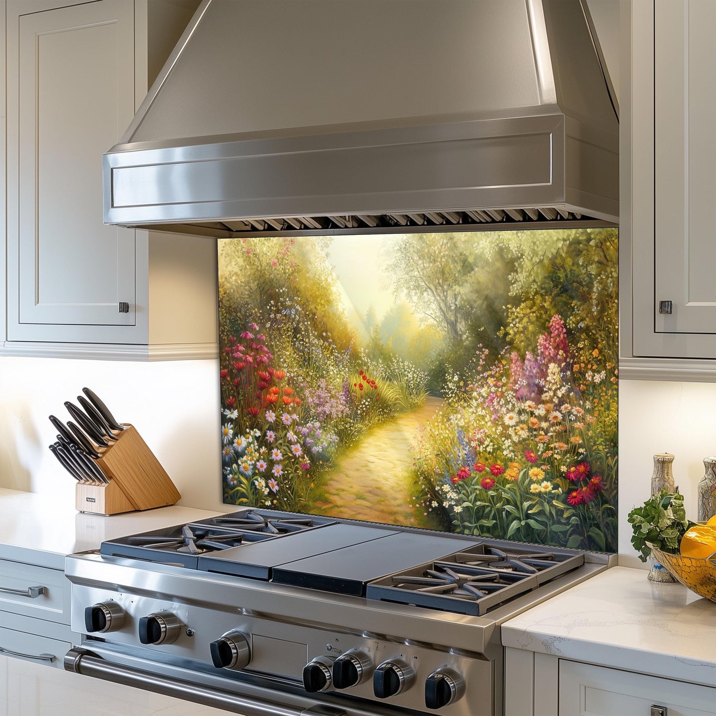 Floral Tempered Glass Kitchen Backsplash, Heat Resistant Wall Art, Custom Size Design