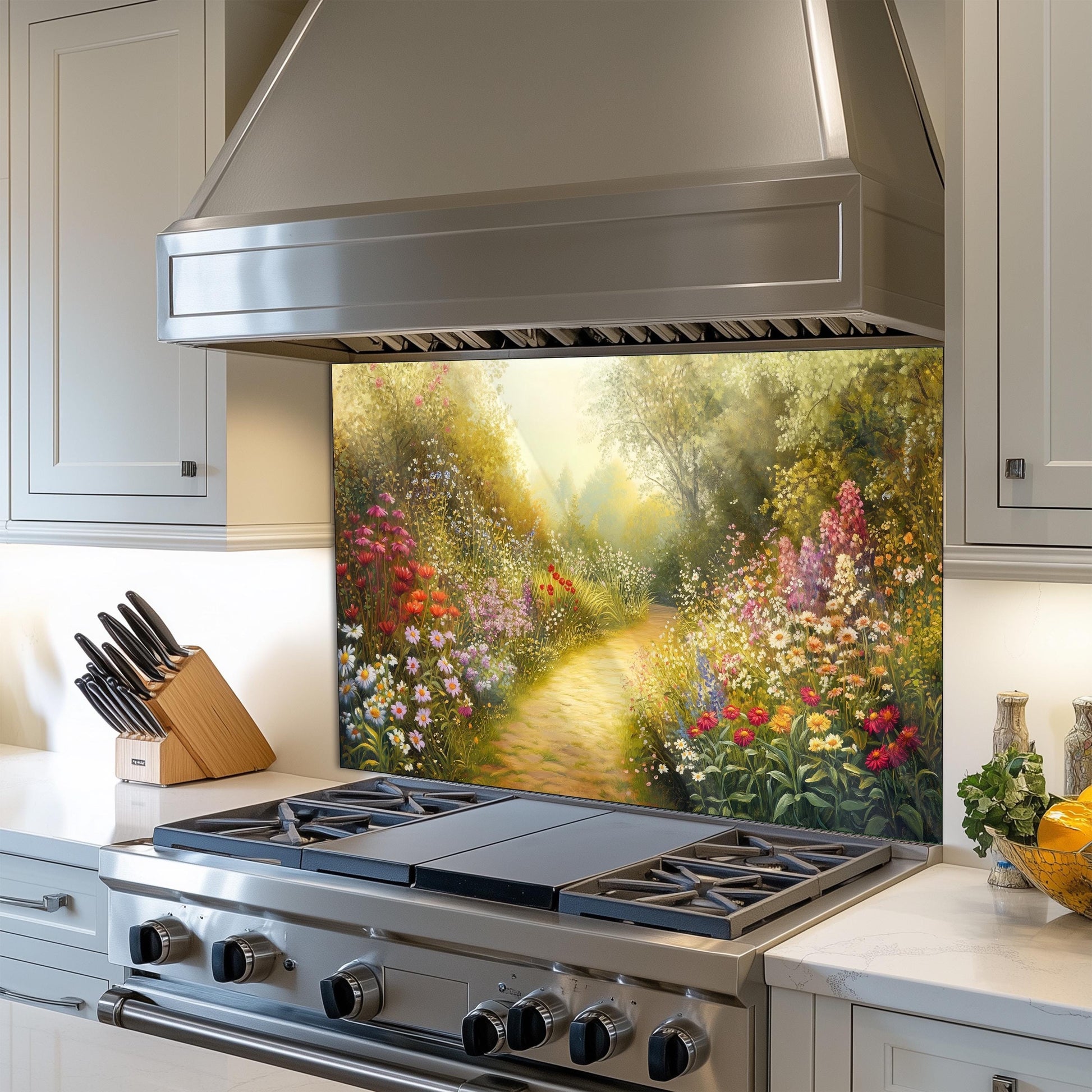 Floral Tempered Glass Kitchen Backsplash, Heat Resistant Wall Art, Custom Size Design