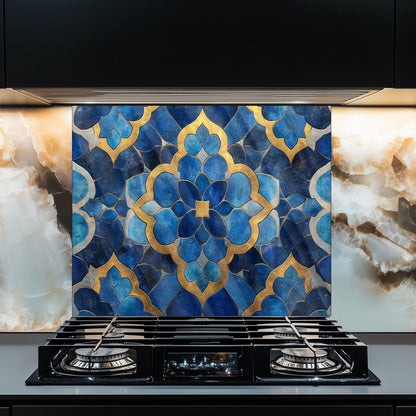 Moroccan Style Glass Backsplash, Blue Geometric Stove Guard, Heat Resistant Easy Clean Kitchen Art