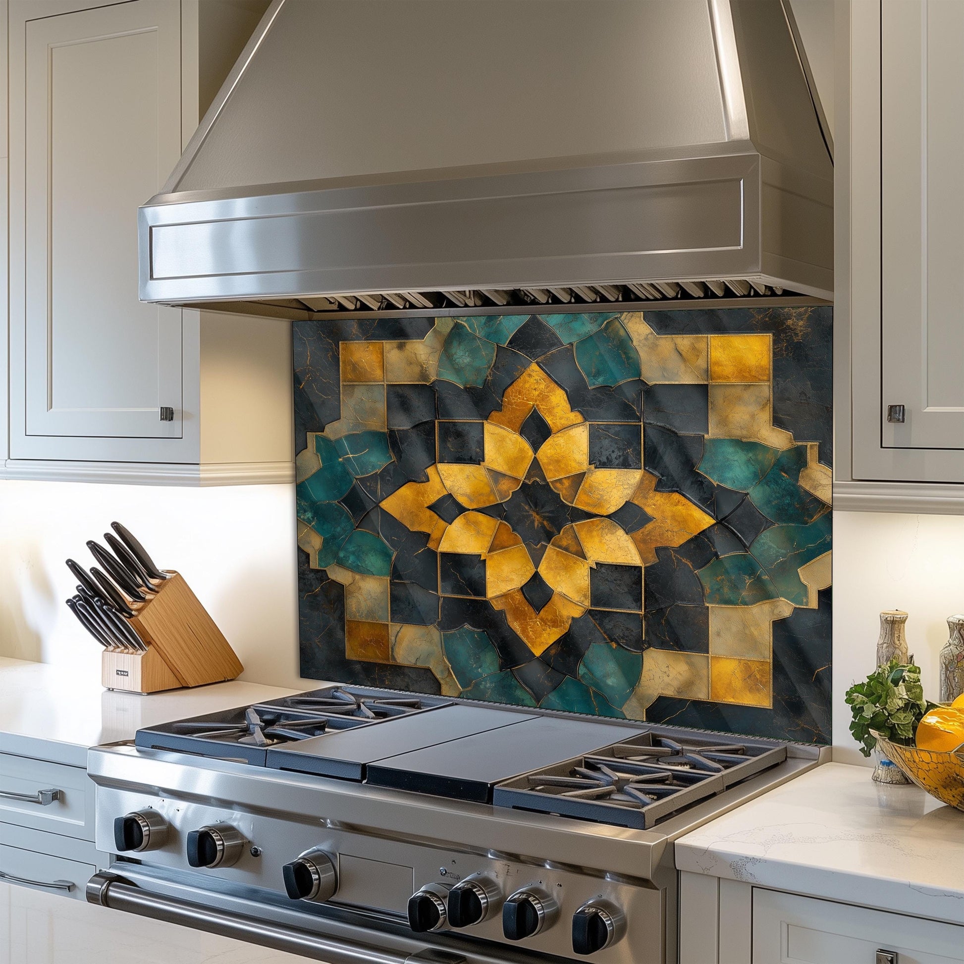 Moroccan Style Glass Backsplash, Floral Medallion Stove Guard, Heat Resistant Easy Clean Kitchen Art